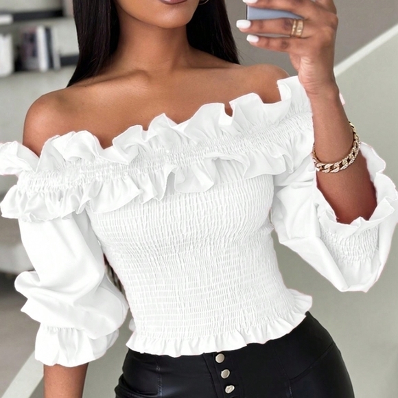 Tops -  Off-Shoulder Long-Sleeved Blouse With Ruffle Hem